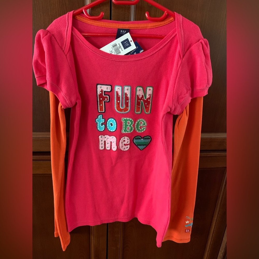Gap redish fuschia pink cotton top orange long sleeves fun slogan Girls Age 12